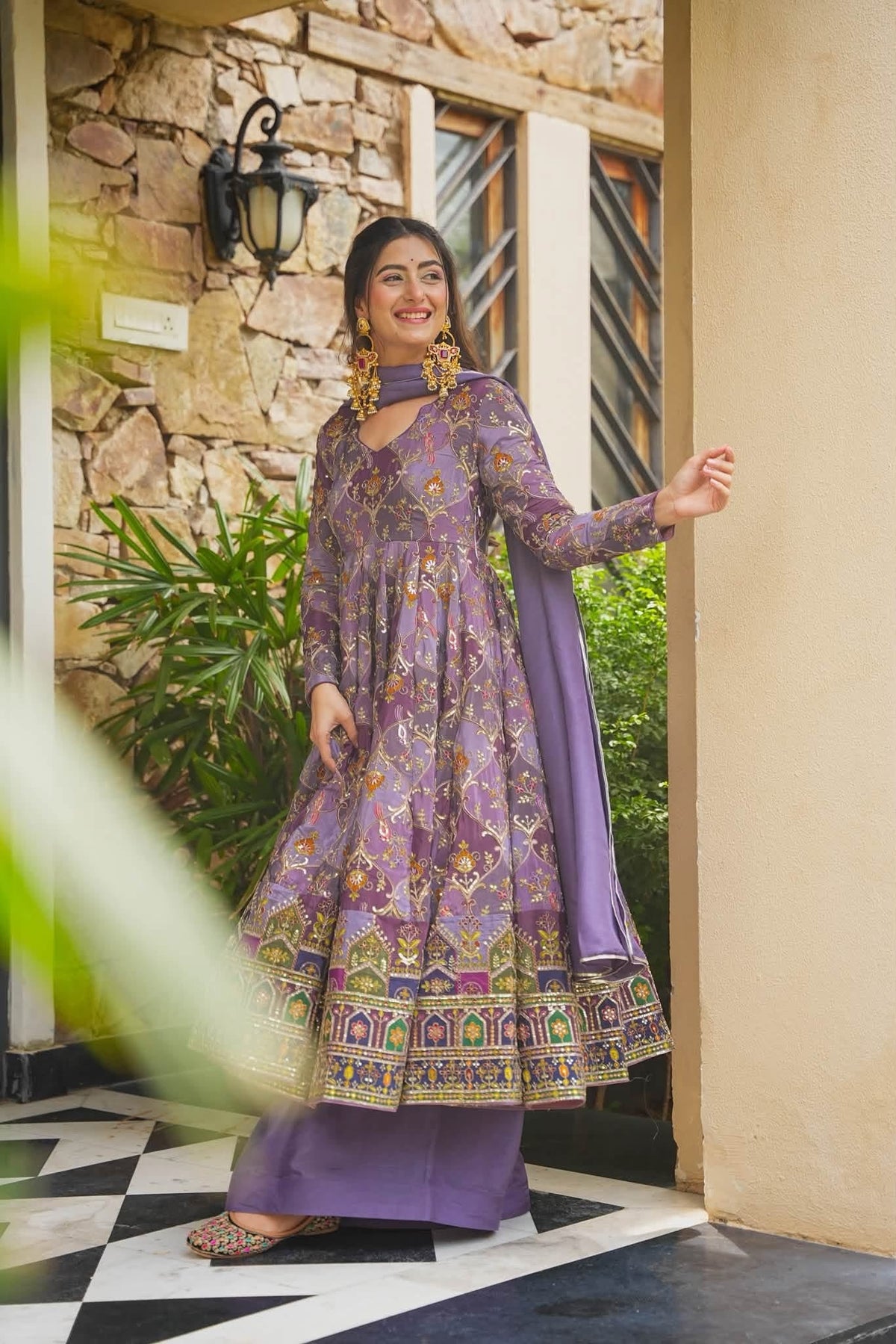 Purple Heavy Embroidered Anarkali Suit Set