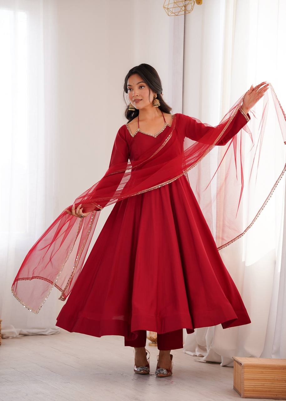 Pure Roman silk Chanderi Anarkali Suit Set