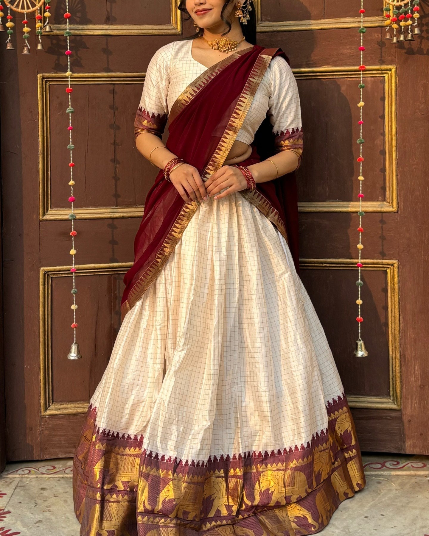 White And Maroon Color Poly Cotton Chex Onam Half Saree