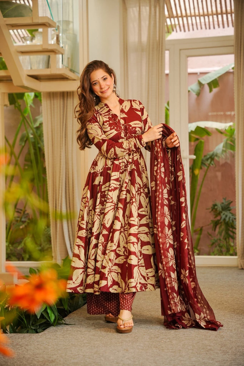 Maroon Cotton Anarkali Suit Set