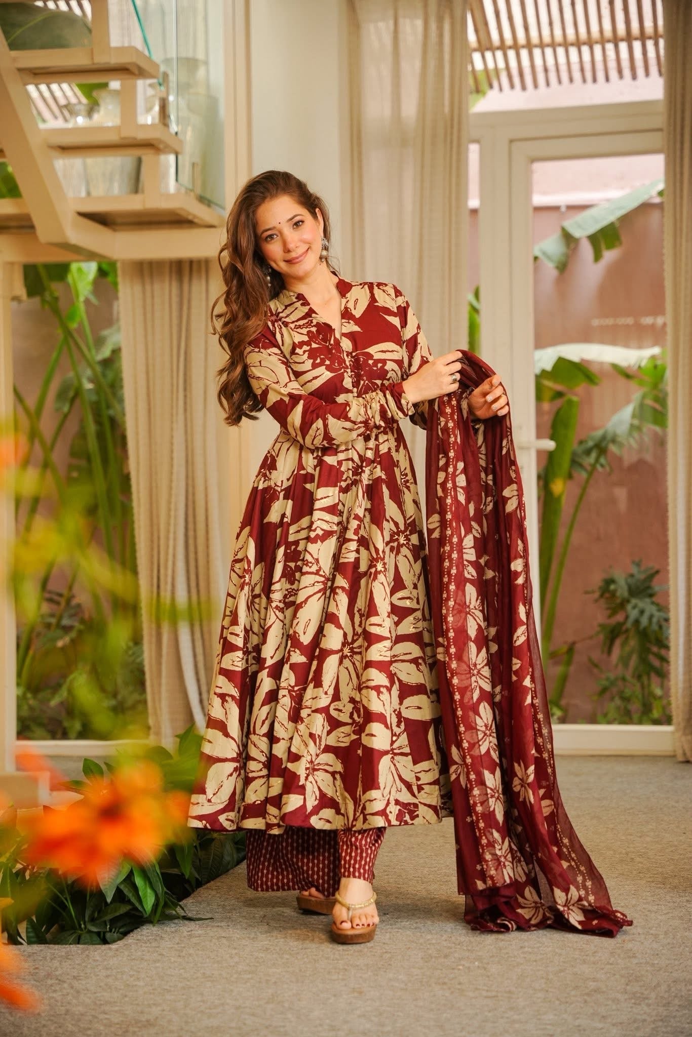 Maroon Cotton Anarkali Suit Set