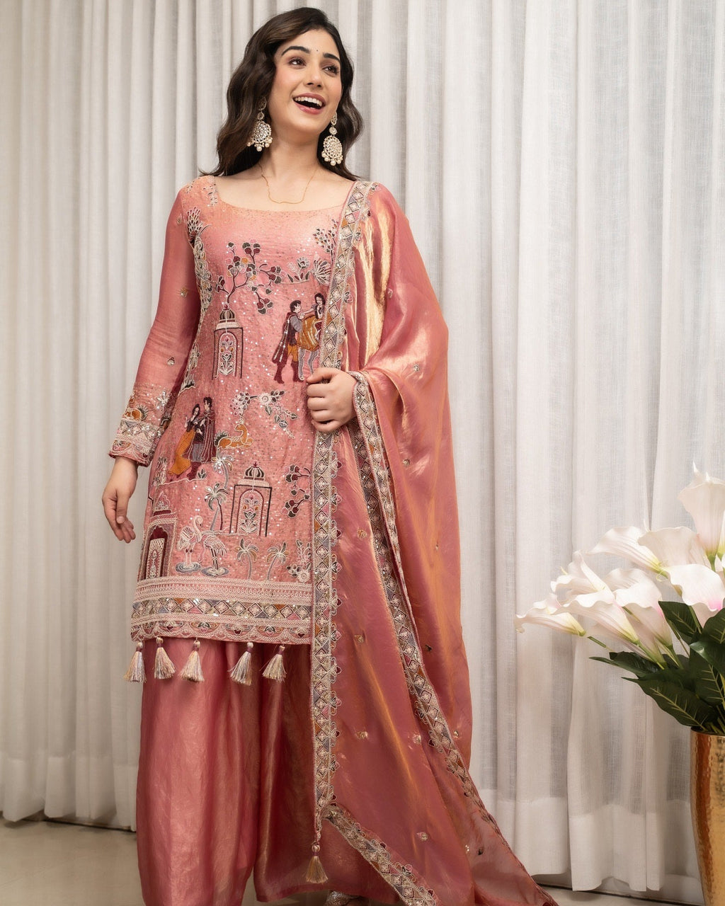 Rose Pink Embroidered Sharara Set with Elegant Dupatta