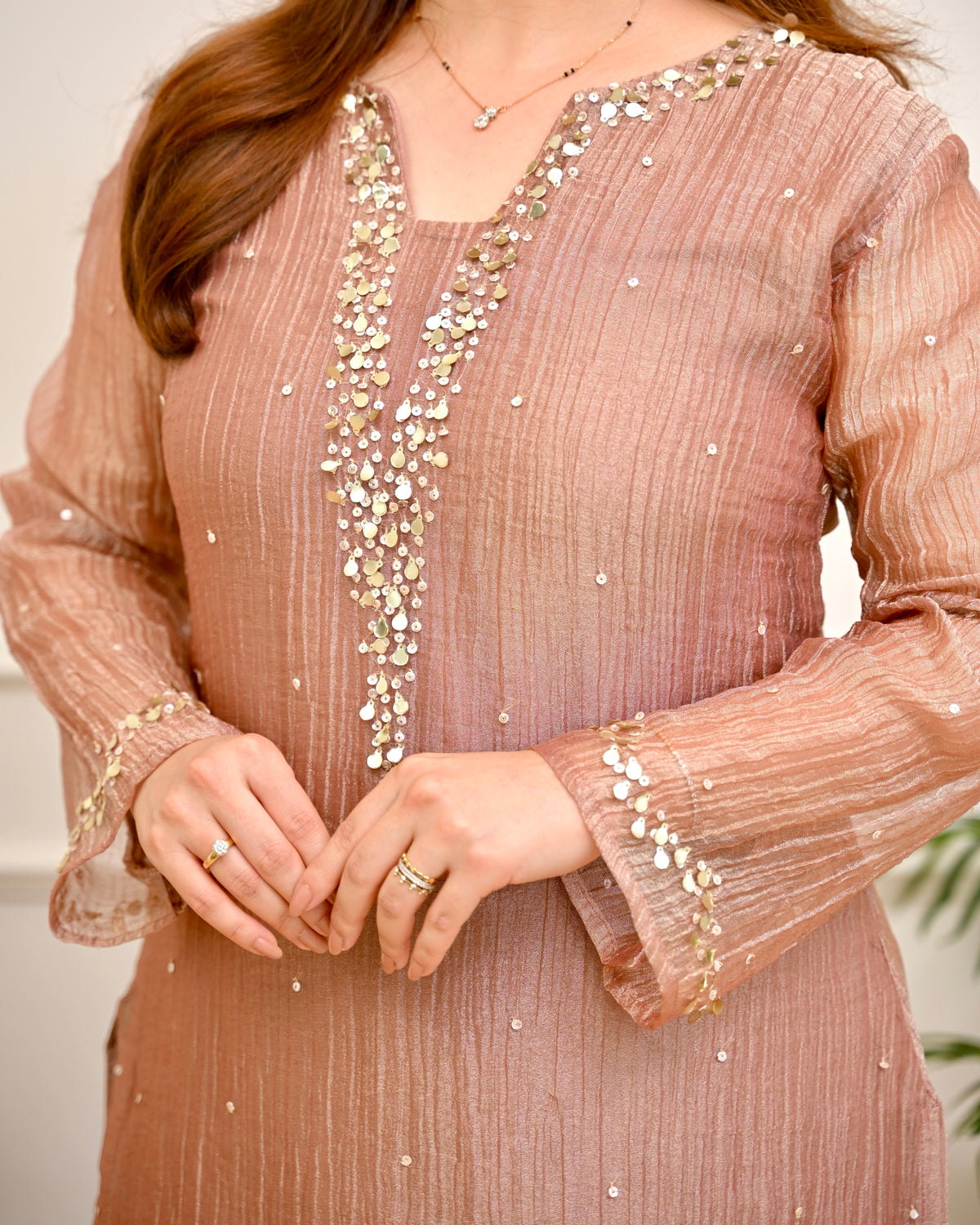 Rose Banarasi Crush Tissue Handwork Suit