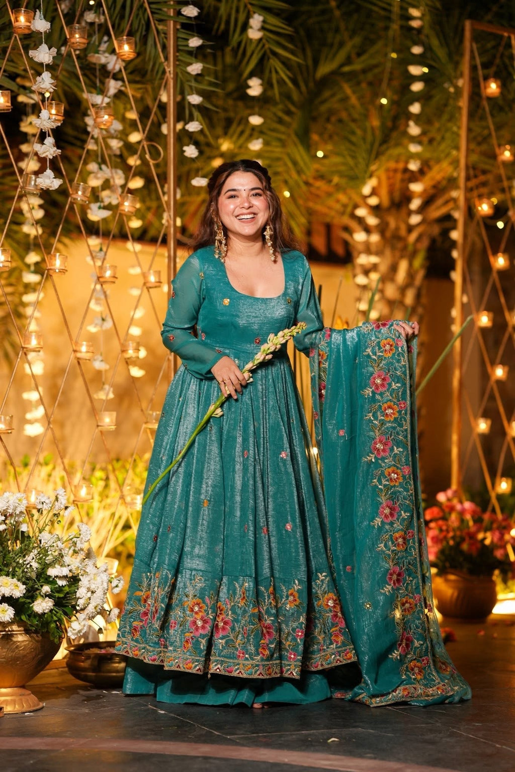 Beautiful Floral Embroidered Teal Green Anarkali Sharara Set