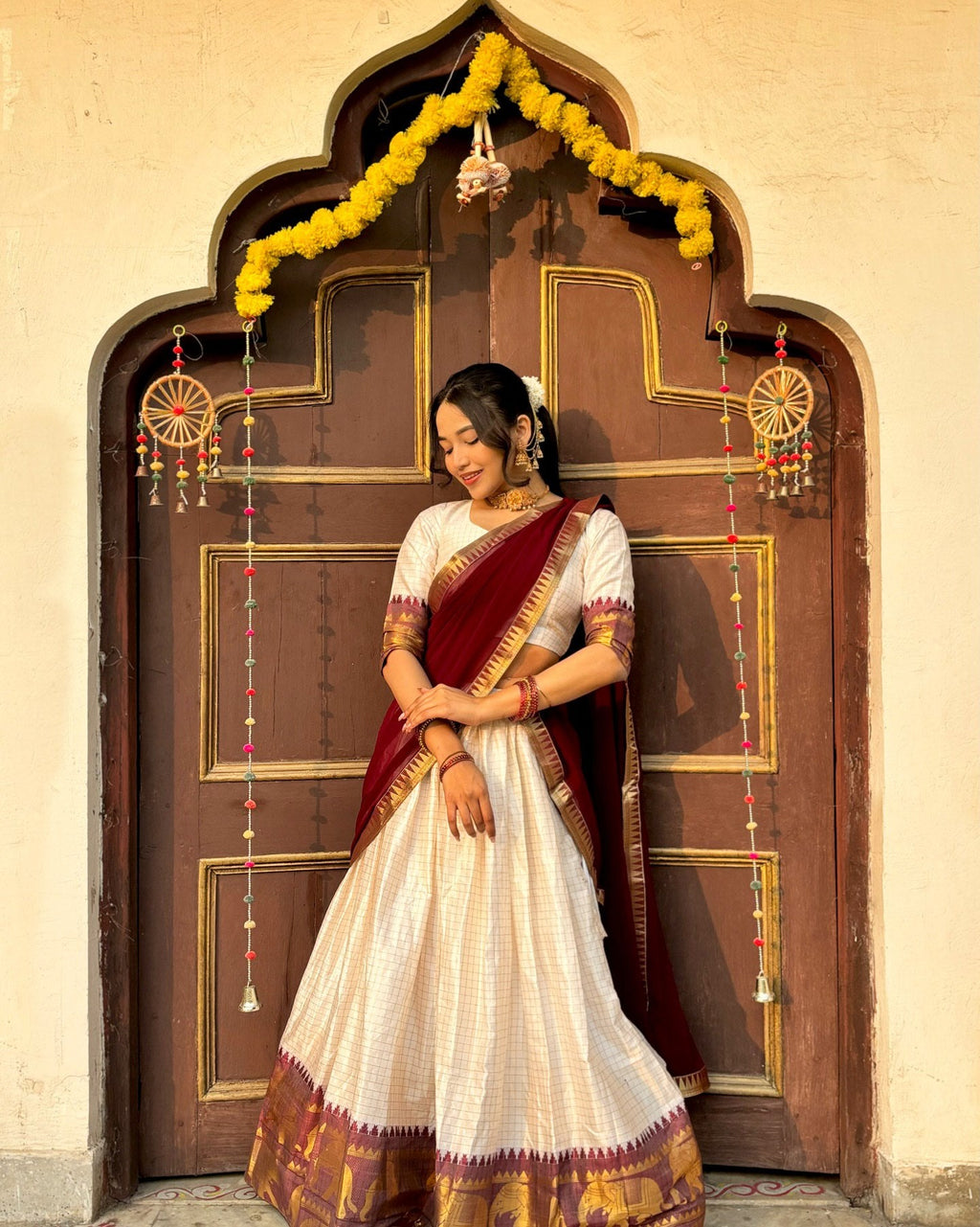 White And Maroon Color Poly Cotton Chex Onam Half Saree