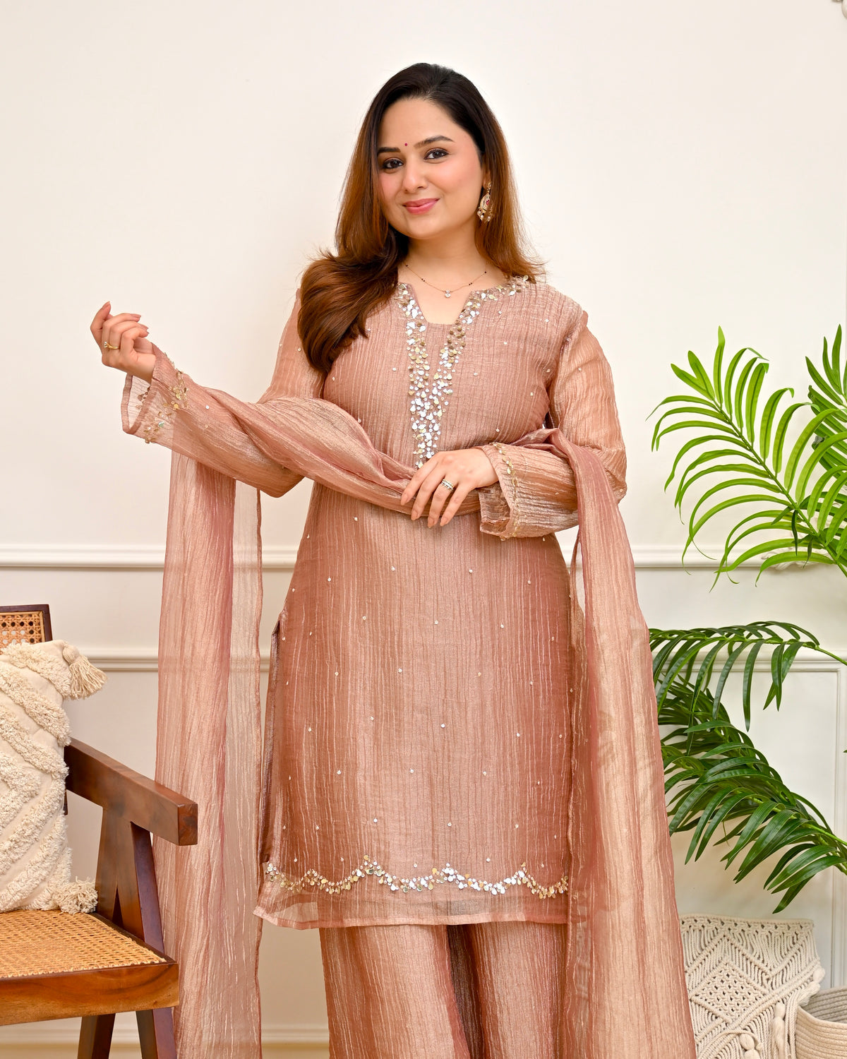 Rose Banarasi Crush Tissue Handwork Suit