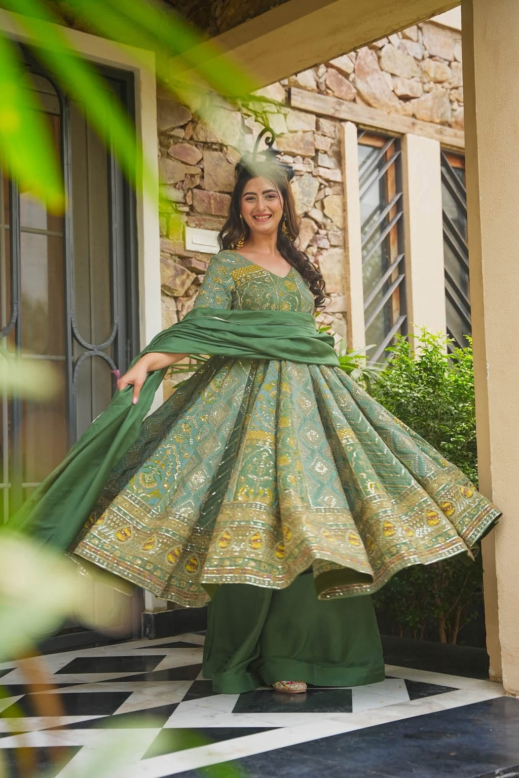 Green Heavy Embroidered Anarkali Suit Set