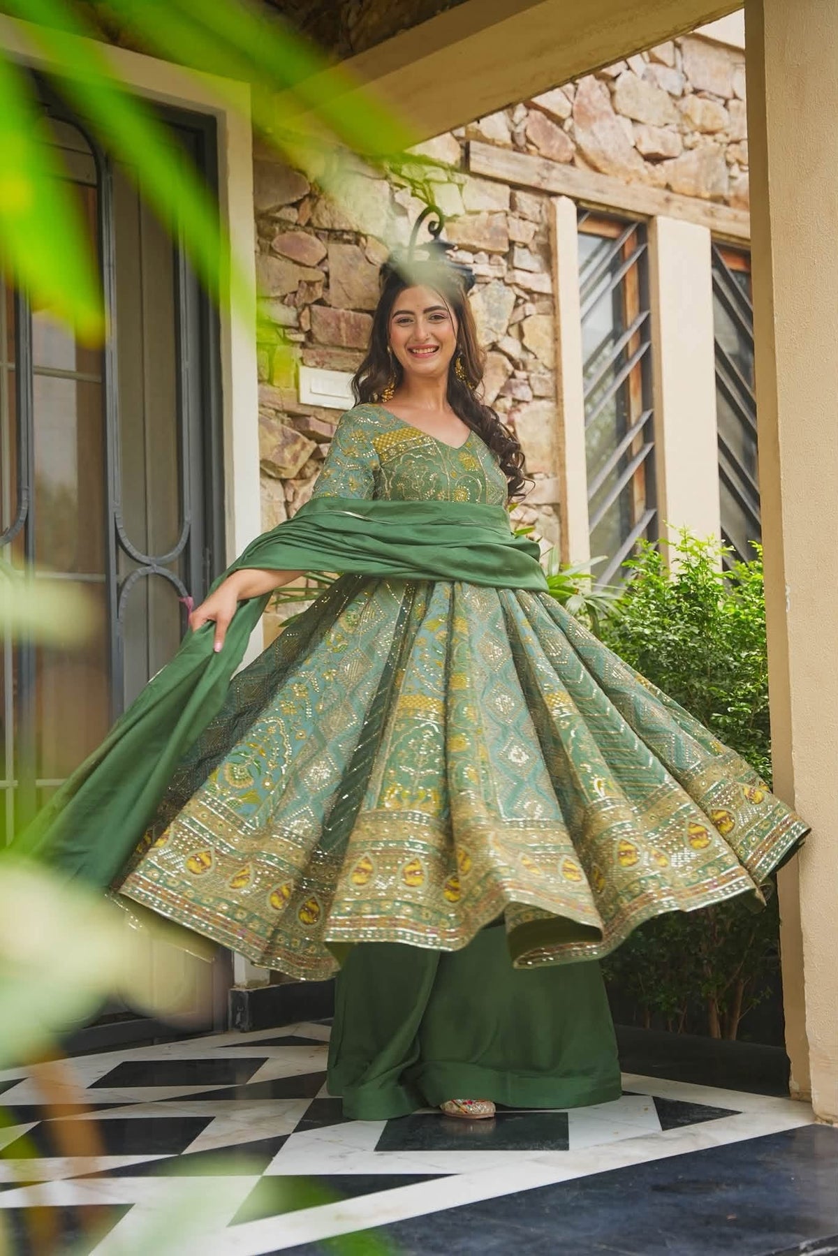 Green Heavy Embroidered Anarkali Suit Set