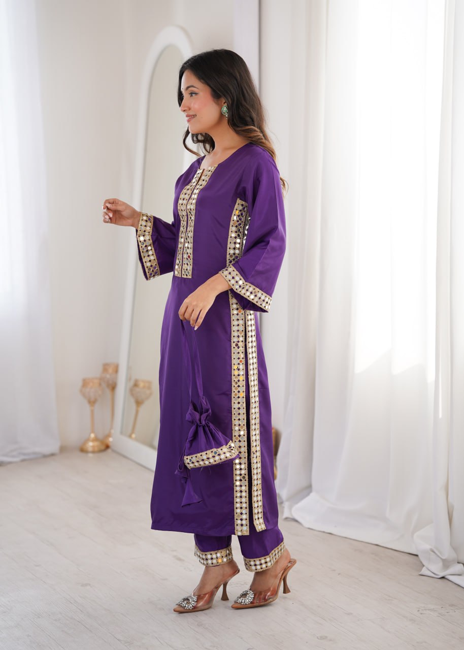 Beautiful Mirror Work Kurta Pant Set With Potli