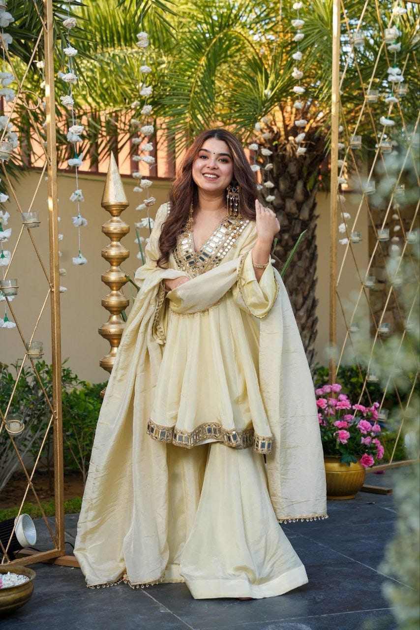 Elegant Cream Sharara Suit with Mirror Detailing