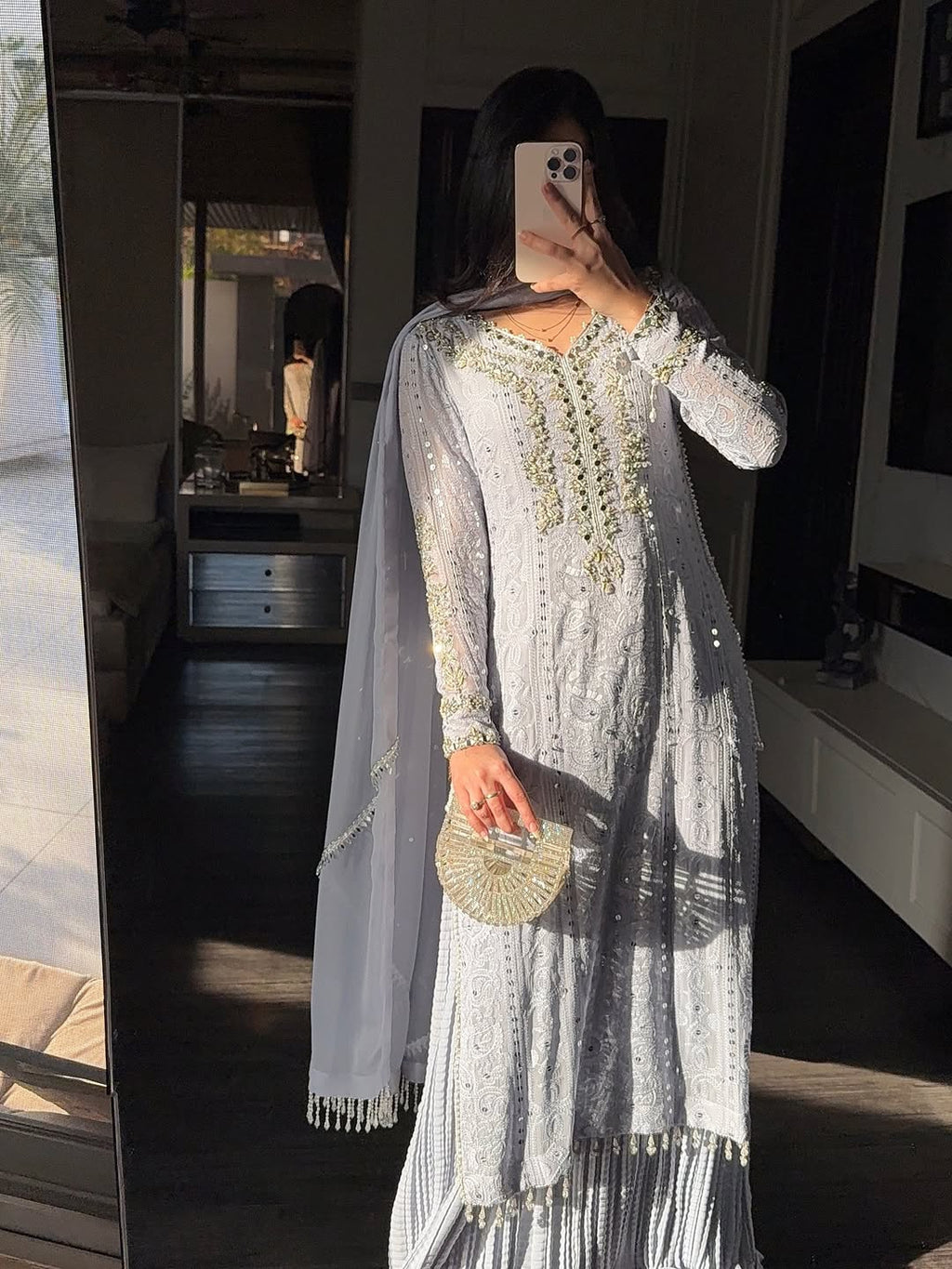 Ice Blue Embroidered Sharara Set