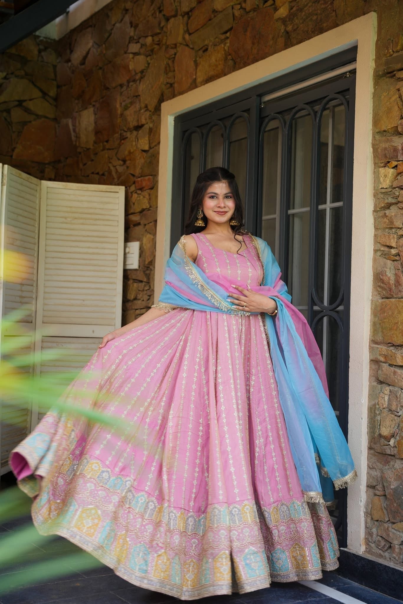 Pastel Pink Patola Anarkali With Sky Blue Dupatta