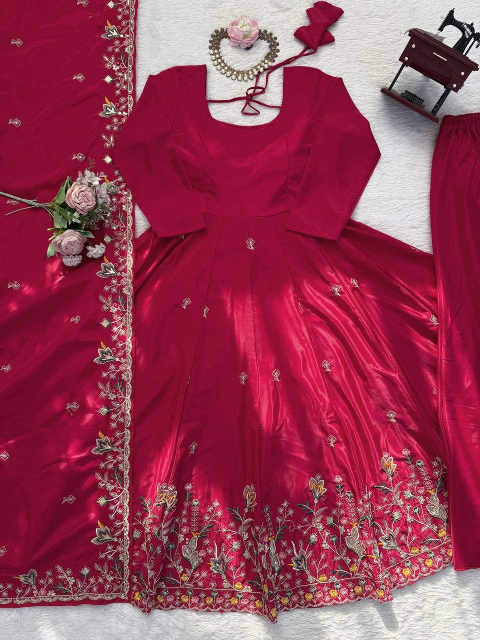 Traditional Chanderi Silk Embroidered Anarkali Suit Set
