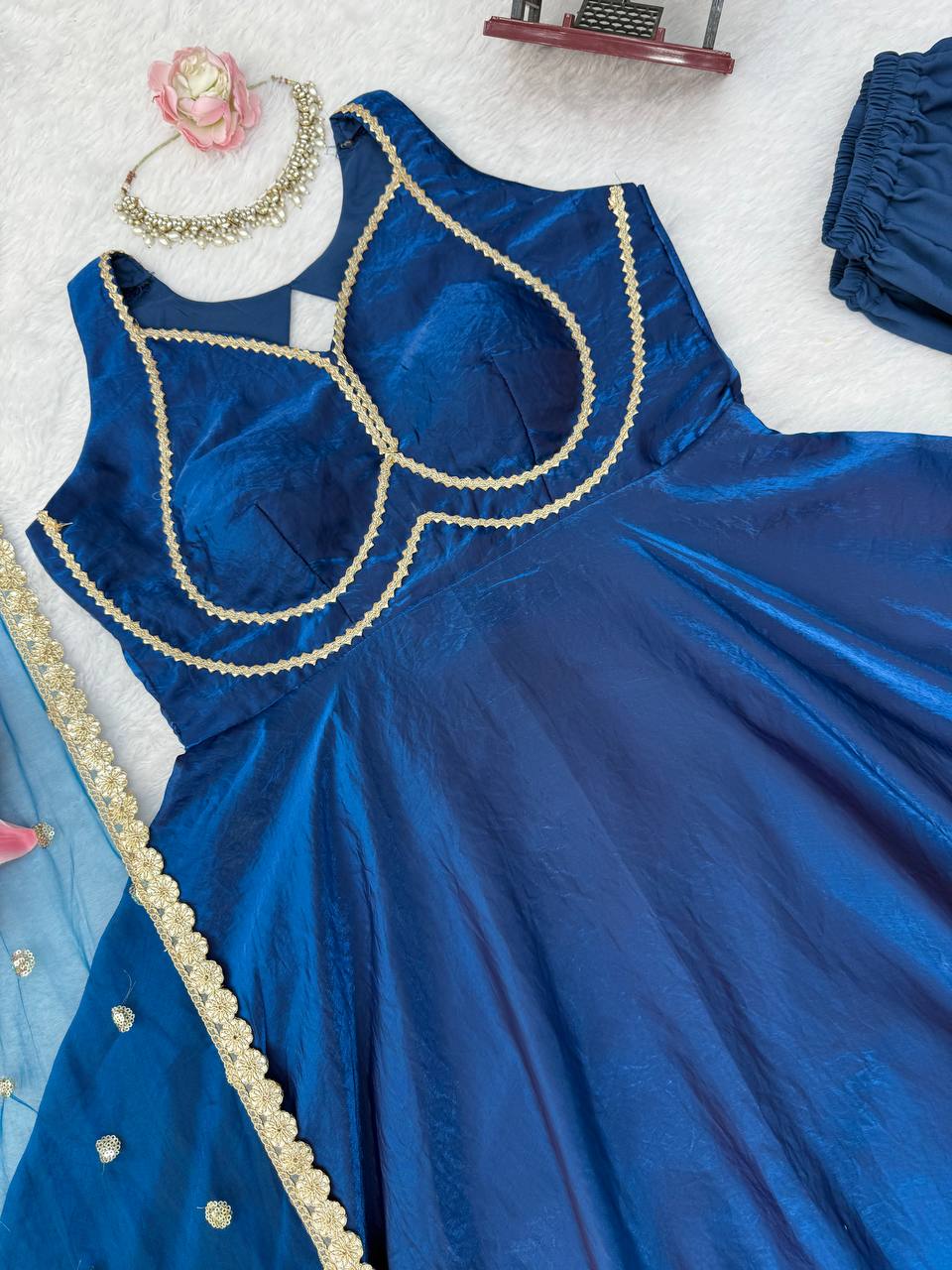 New Fendi Silk Lace Work Anarkali Suit Set