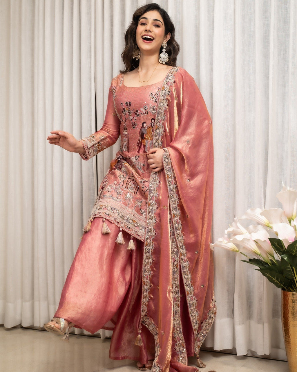 Rose Pink Embroidered Sharara Set with Elegant Dupatta
