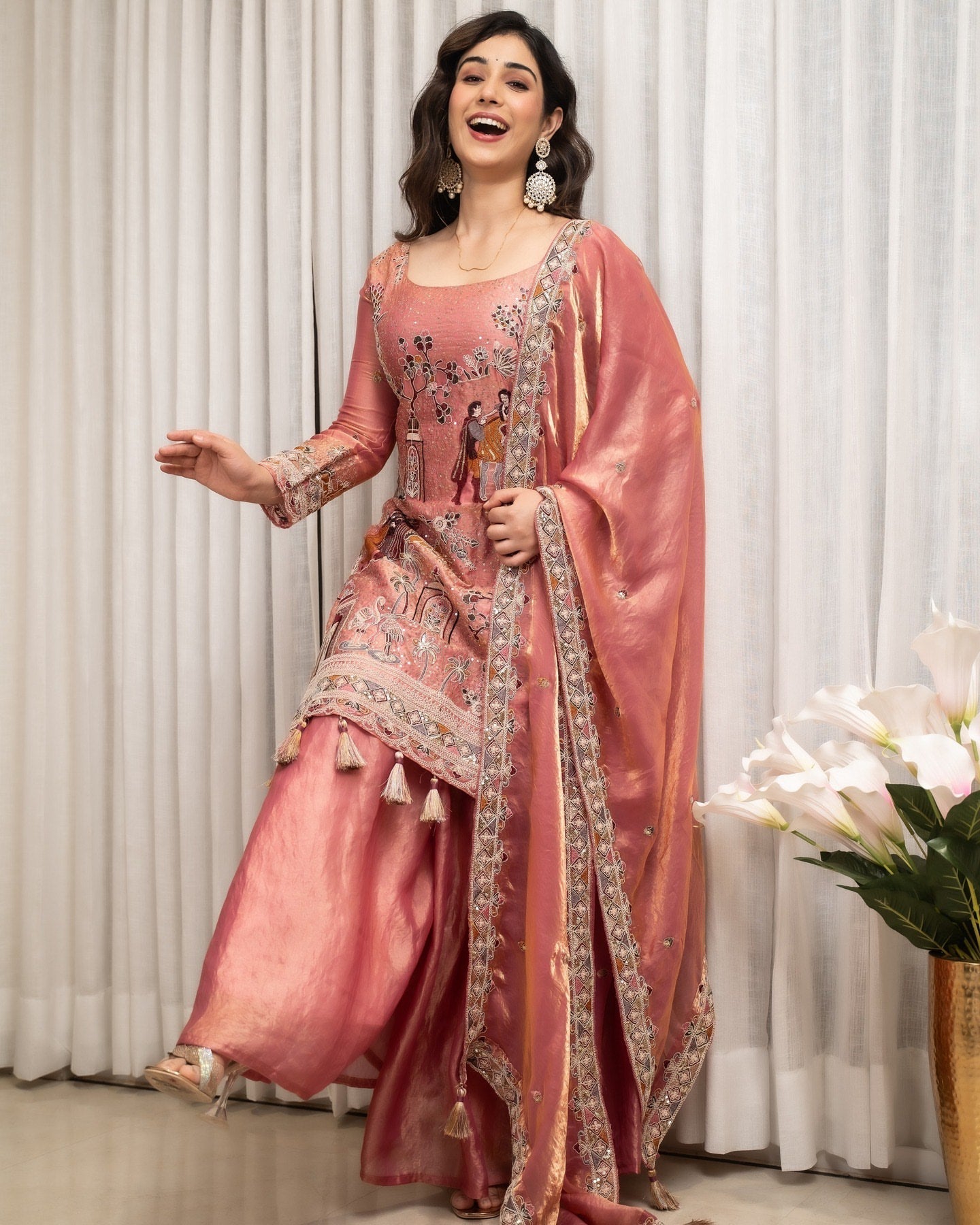 Rose Pink Embroidered Sharara Set with Elegant Dupatta