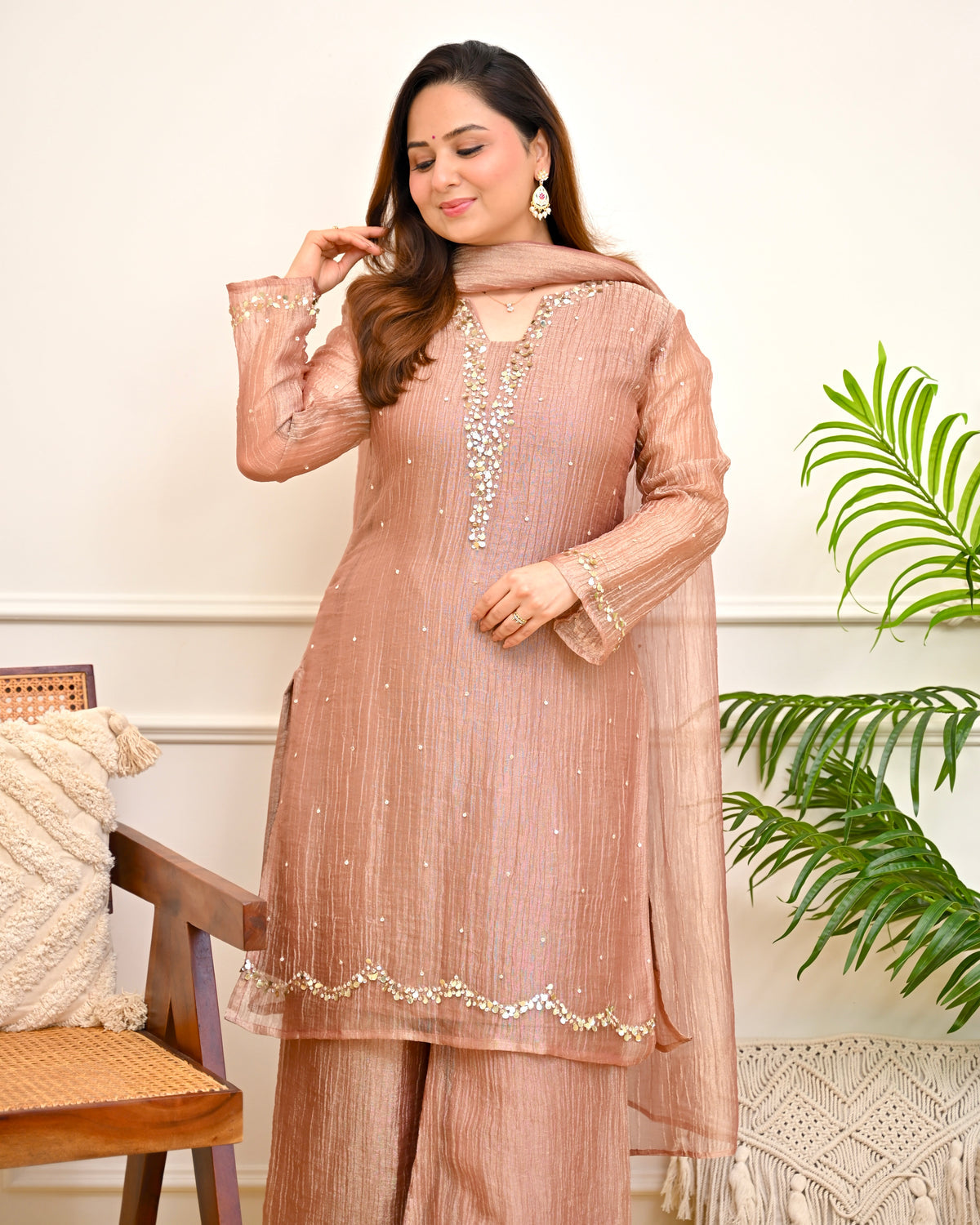Rose Banarasi Crush Tissue Handwork Suit