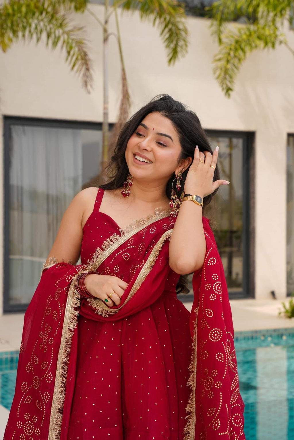 Cherry Red Top-Sharara Set