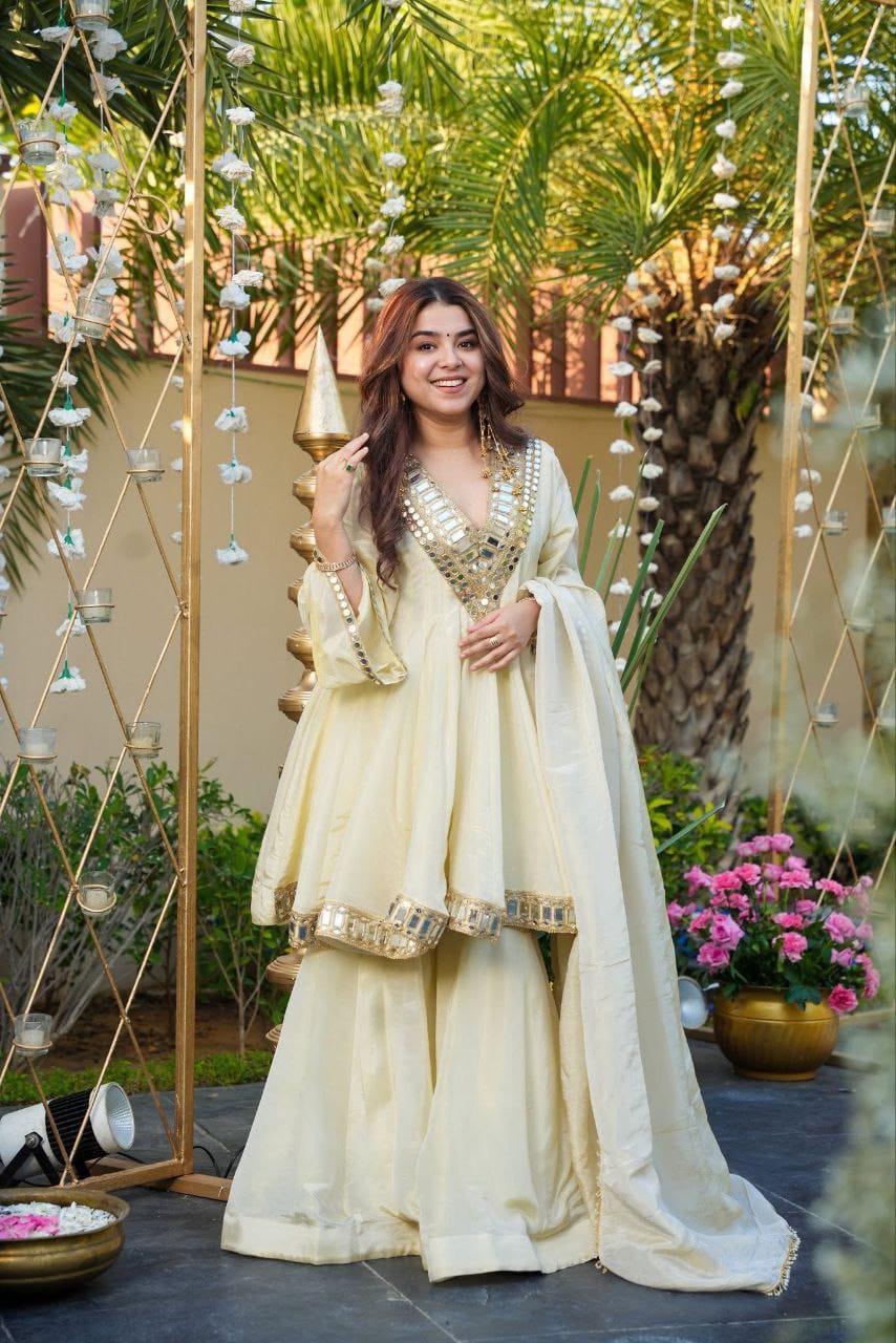 Elegant Cream Sharara Suit with Mirror Detailing