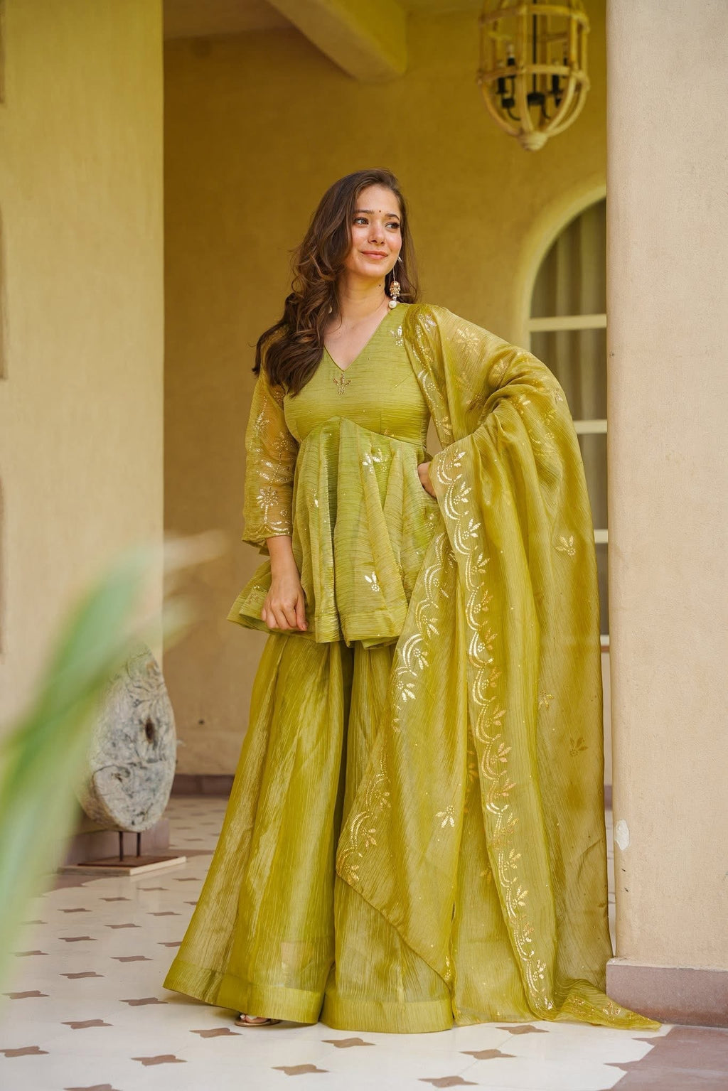 Wedding Wear Green Top- Sharara Set
