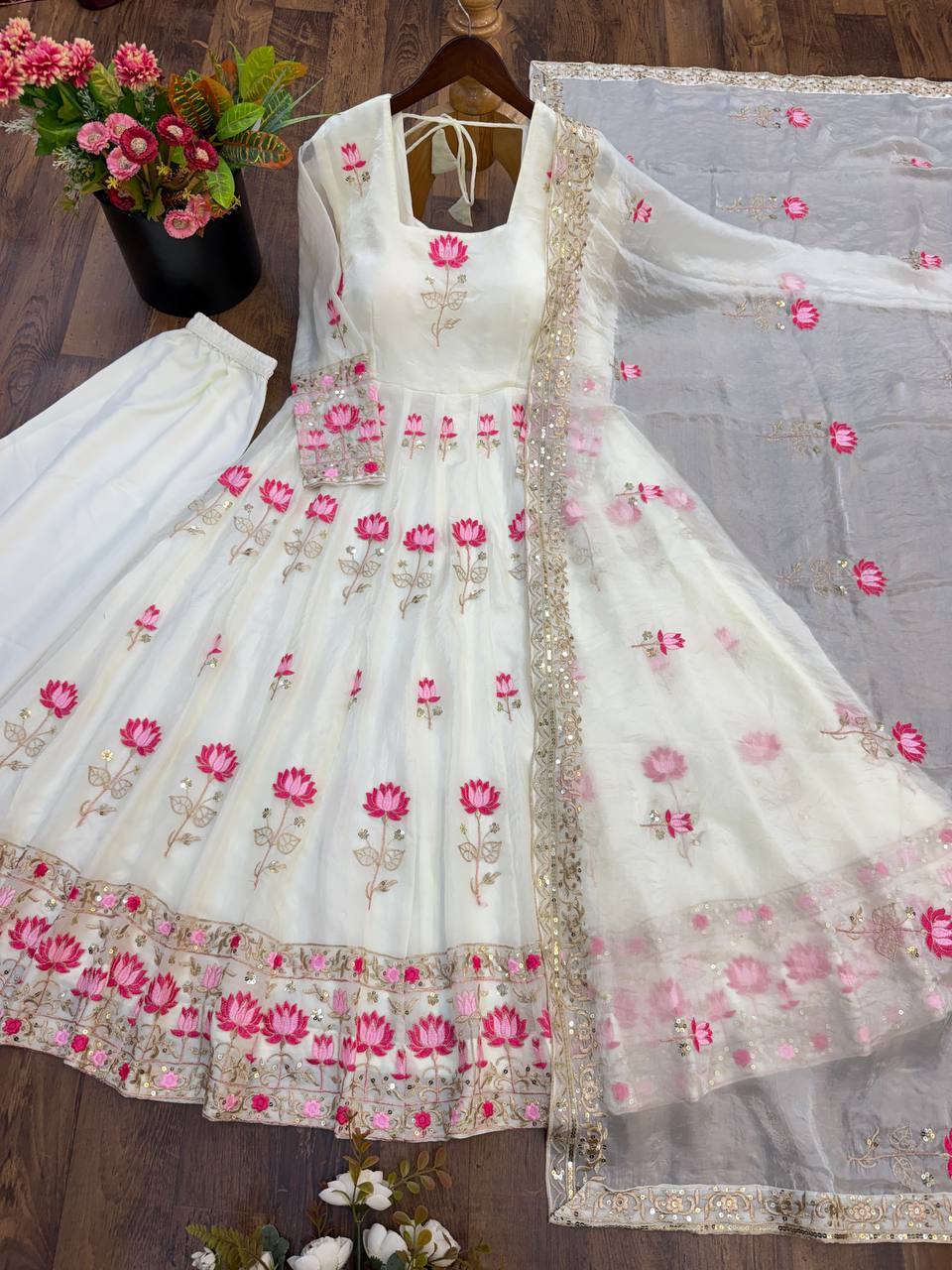 Beautiful Lotus Embroidered Anarkali Suit Set