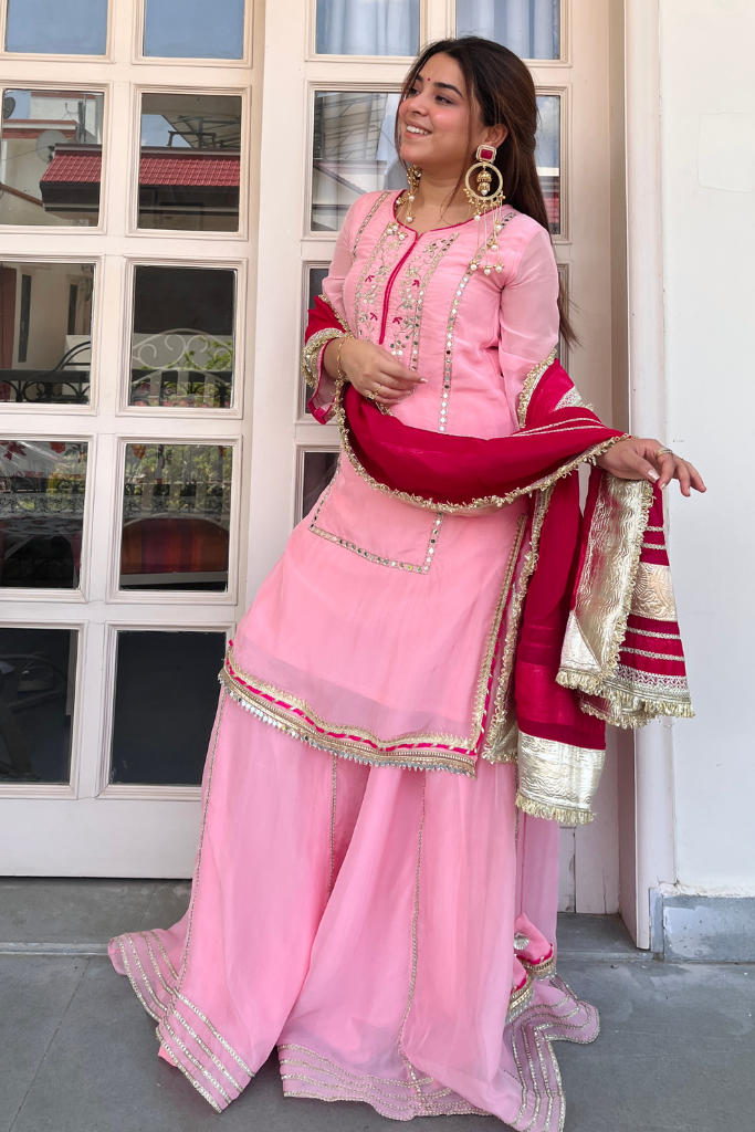 Beautiful Pink Mirror Work Sharara Suit Set