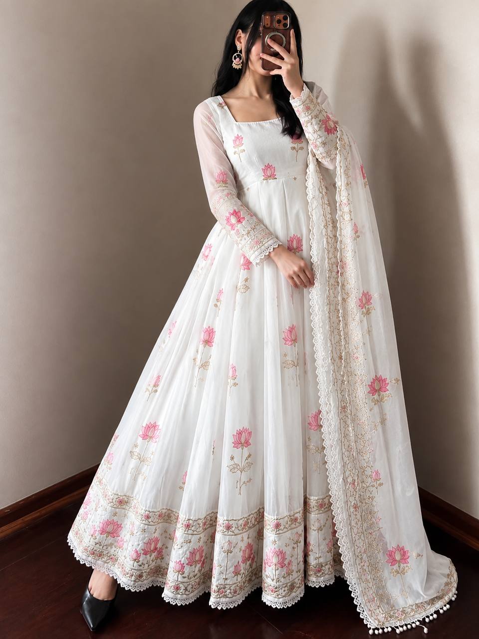 Beautiful Lotus Embroidered Anarkali Suit Set