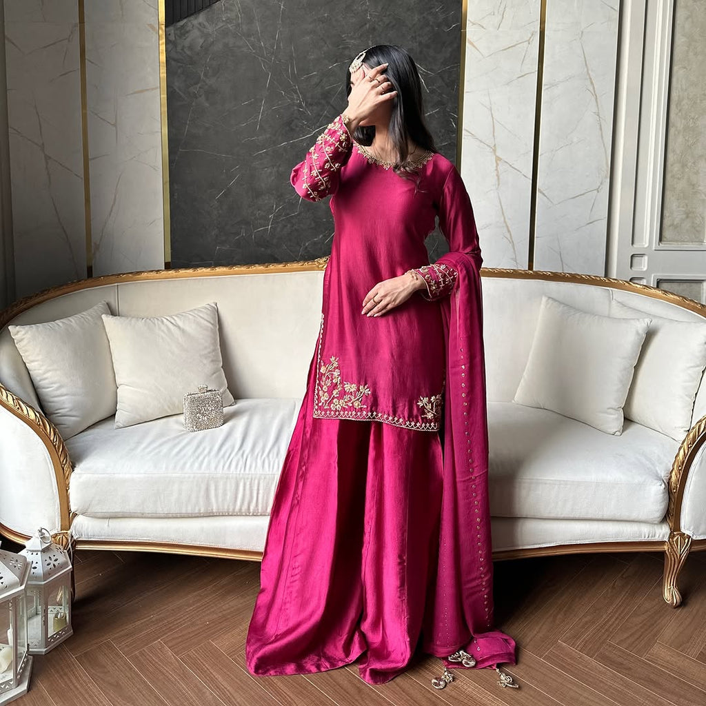Fuchsia Embroidered Pakistani Suit Palazzo Set