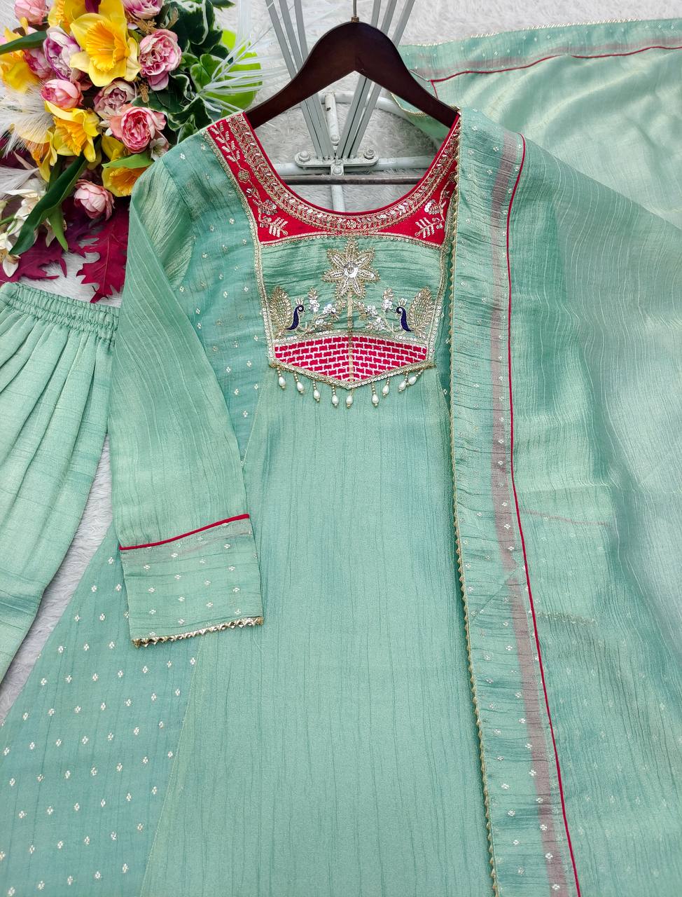 Trending A-Line Cut Salsa Silk Kurta Set