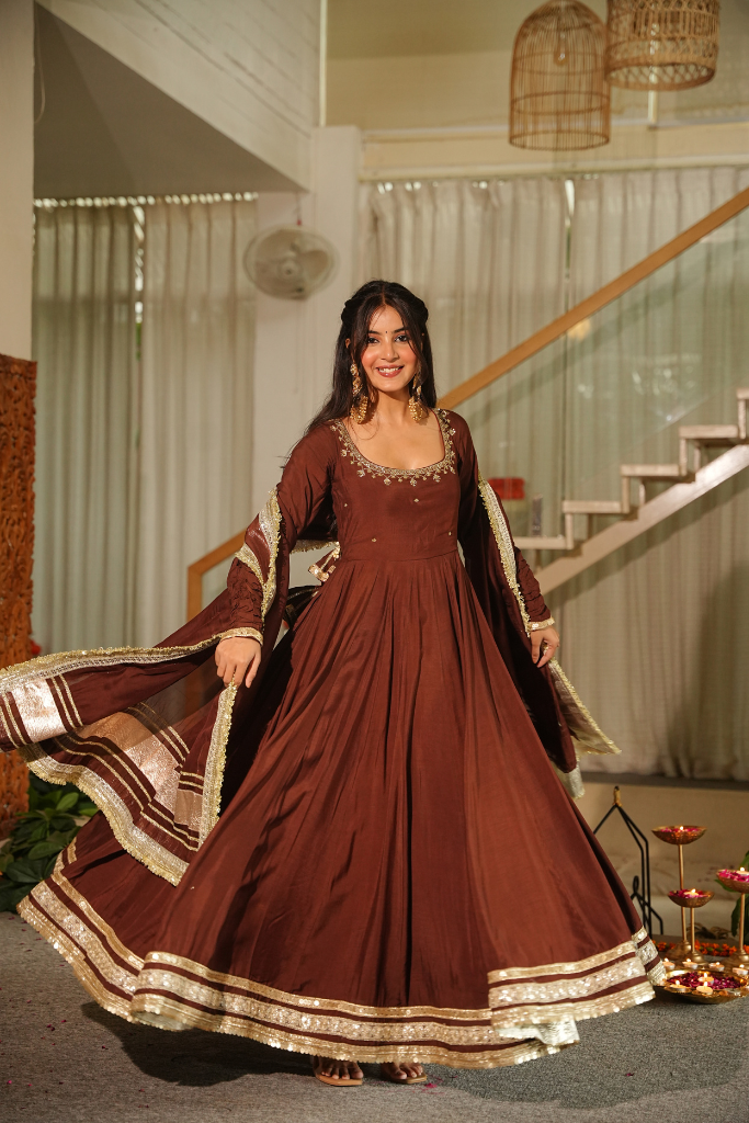 Beautiful Brown Lace Work Anarkali Suit Set