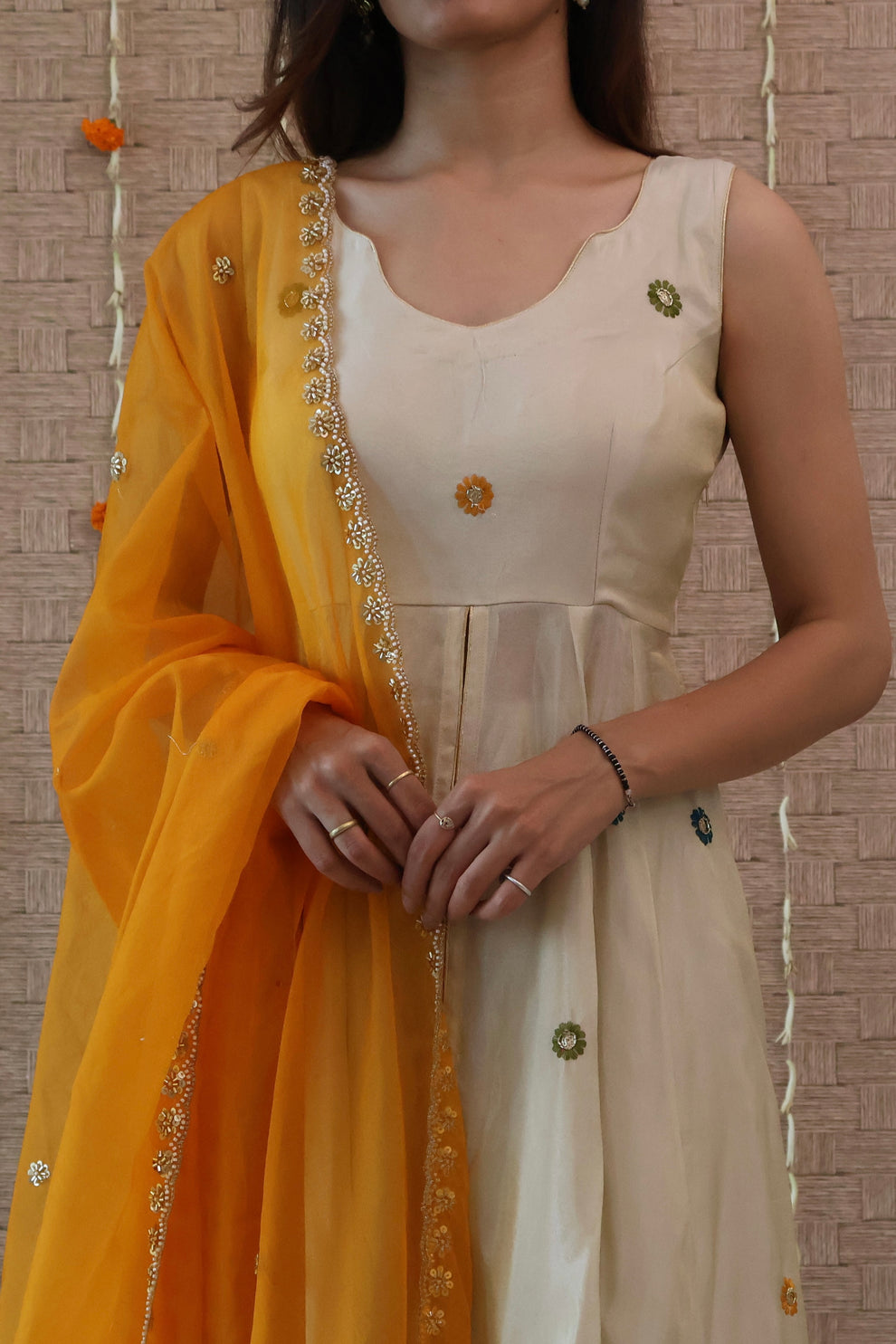 Ivory and Mustard Embroidered Anarkali Set