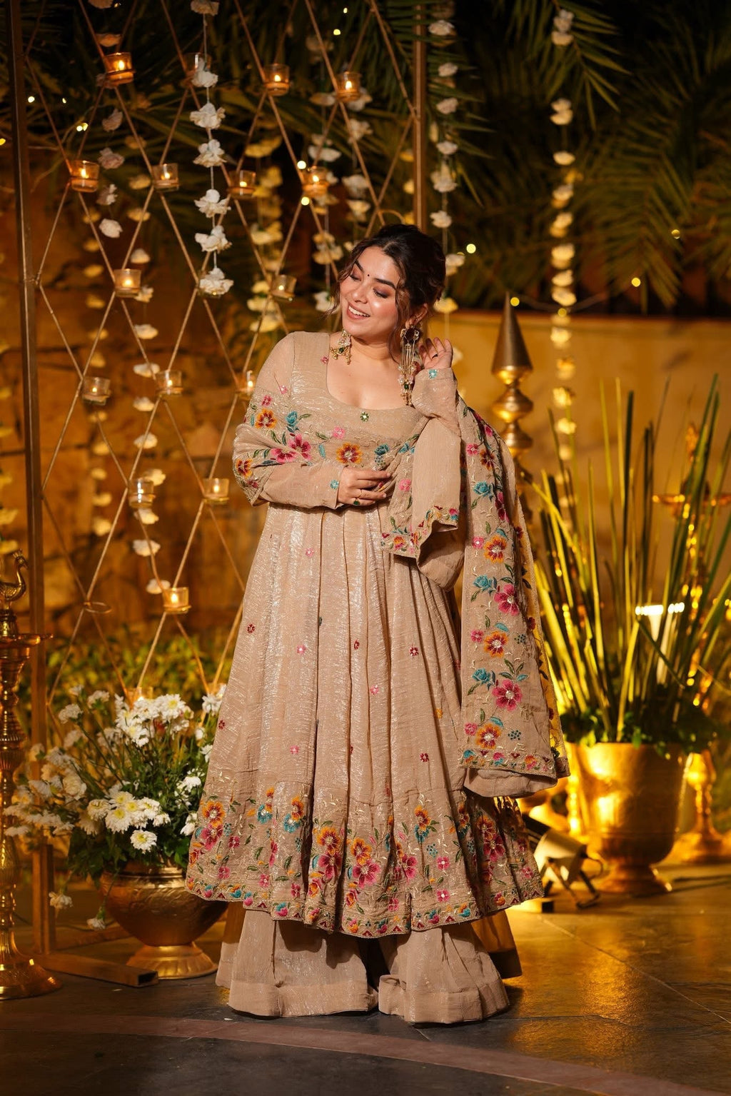 Beautiful Floral Embroidered Beige Anarkali Sharara Set
