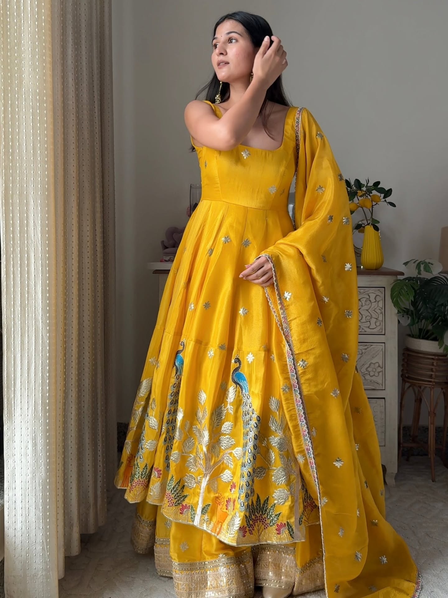Sunheri Peacock Embroidered Anarkali Set with Dupatta – Mustard Yellow