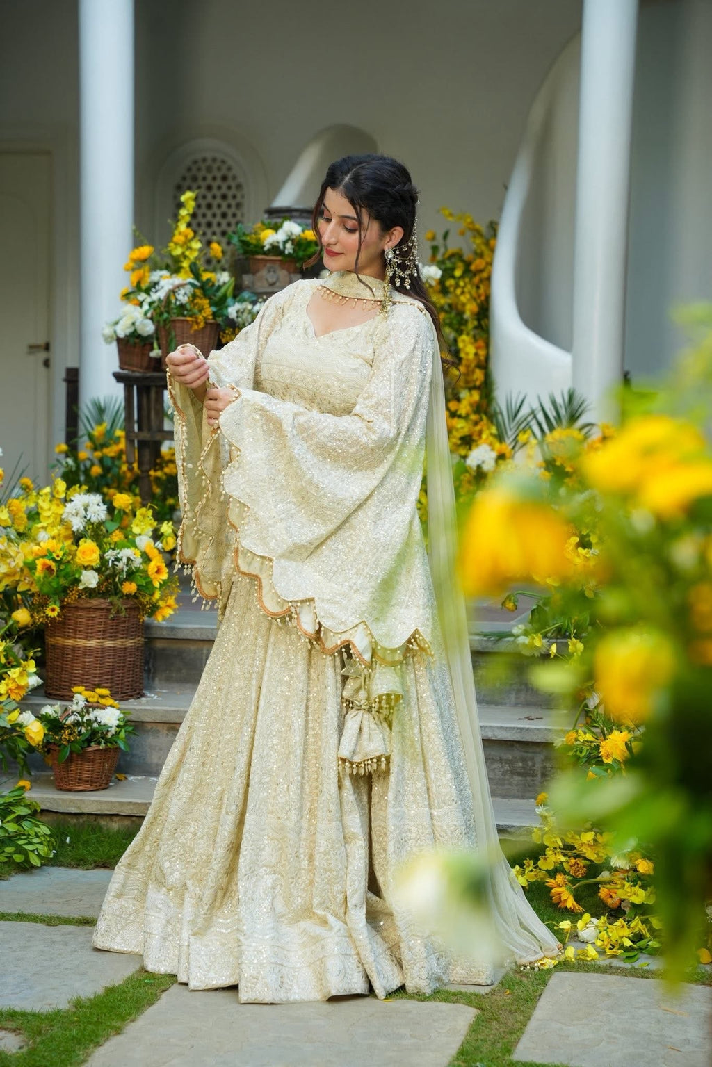 Beautiful Cream Color Full Sequence Work Detailing Lehenga Set