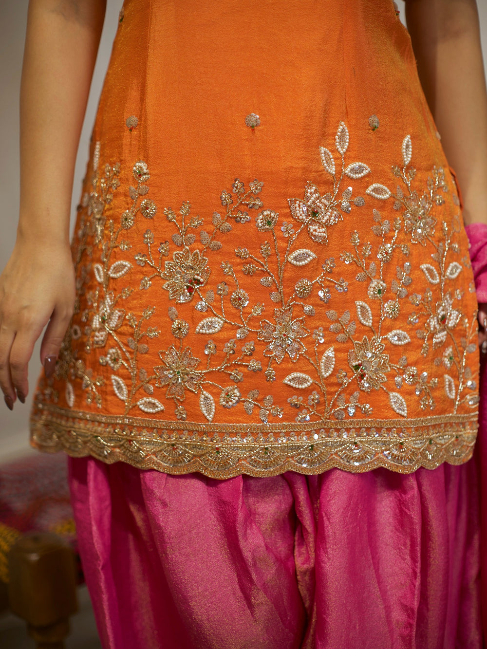 Orange & Pink Embroidered Patiala Suit Set