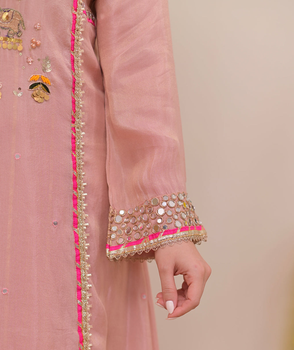 Gulabi Mul Chanderi Handwork A Line Suit