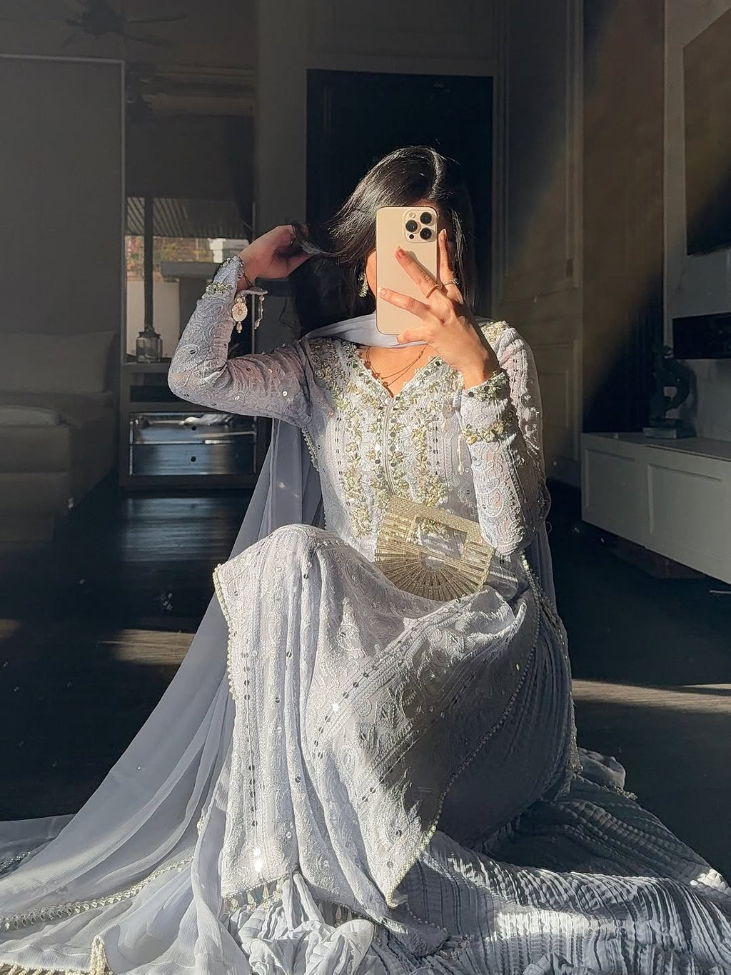 Ice Blue Embroidered Sharara Set