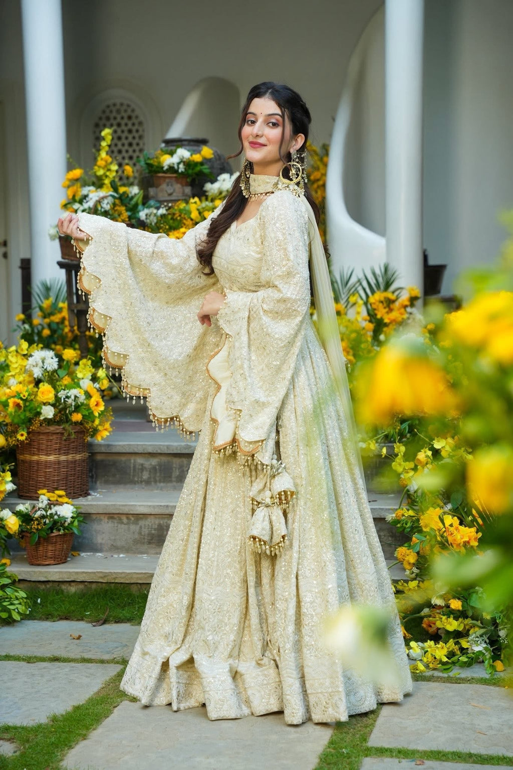 Beautiful Cream Color Full Sequence Work Detailing Lehenga Set
