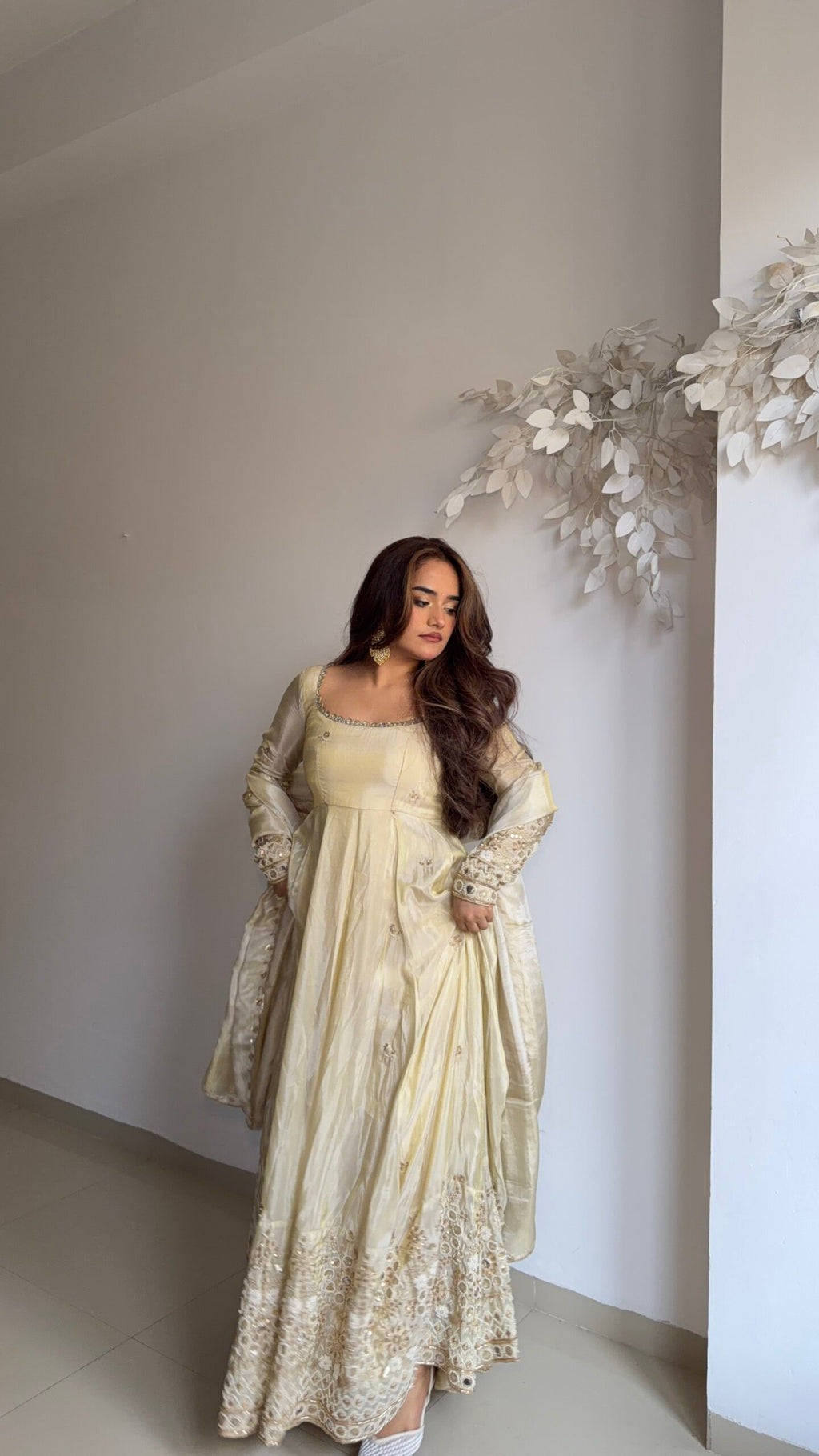 Beautiful Cream Anarkali Suit Set With Sequence Work