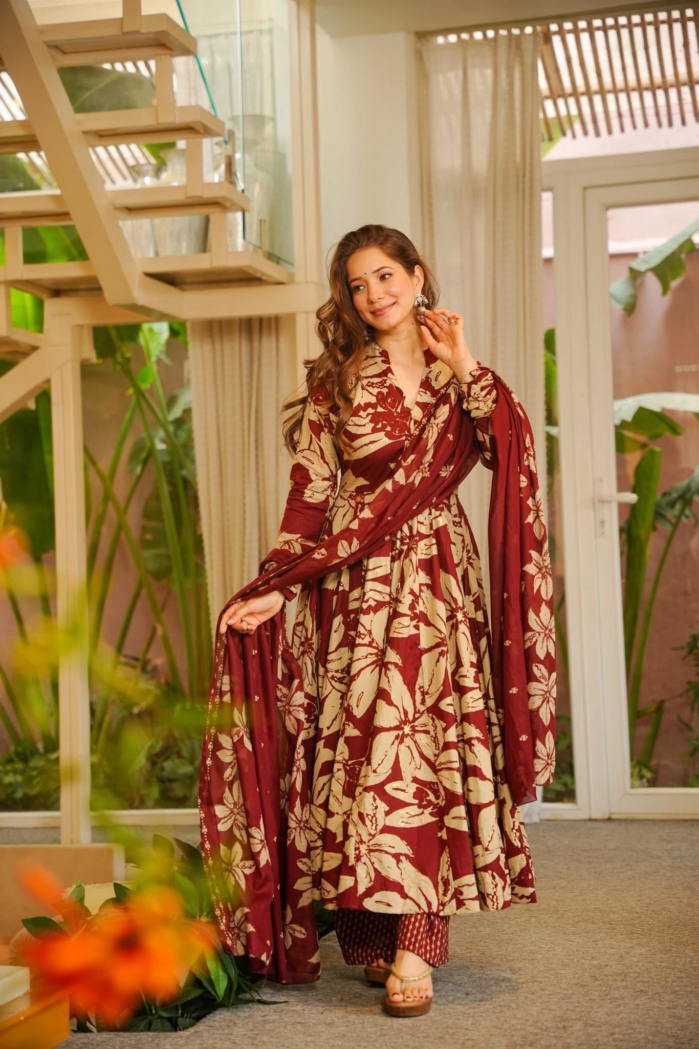 Maroon Cotton Anarkali Suit Set