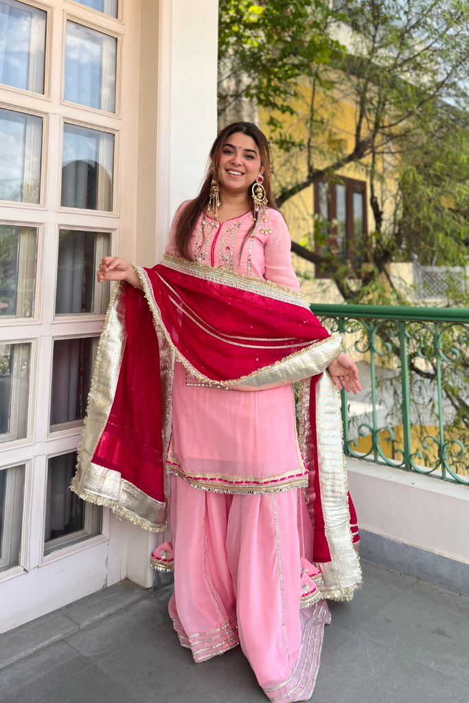 Beautiful Pink Mirror Work Sharara Suit Set