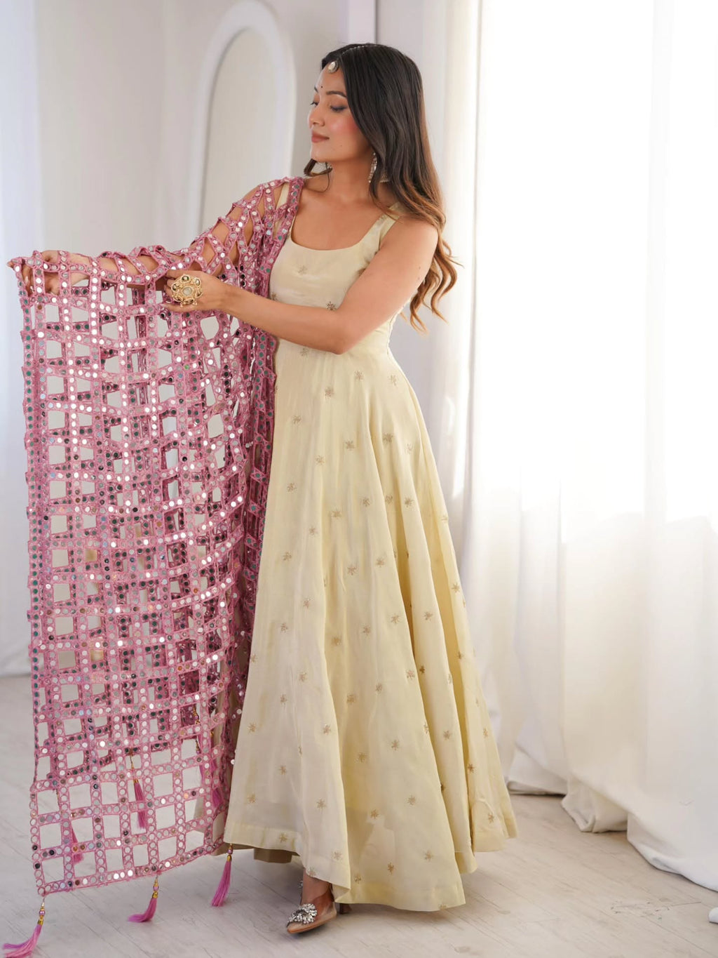 Beautiful Cosmos Silk Anarkali Suit With Trendy Mirror Work Duptta