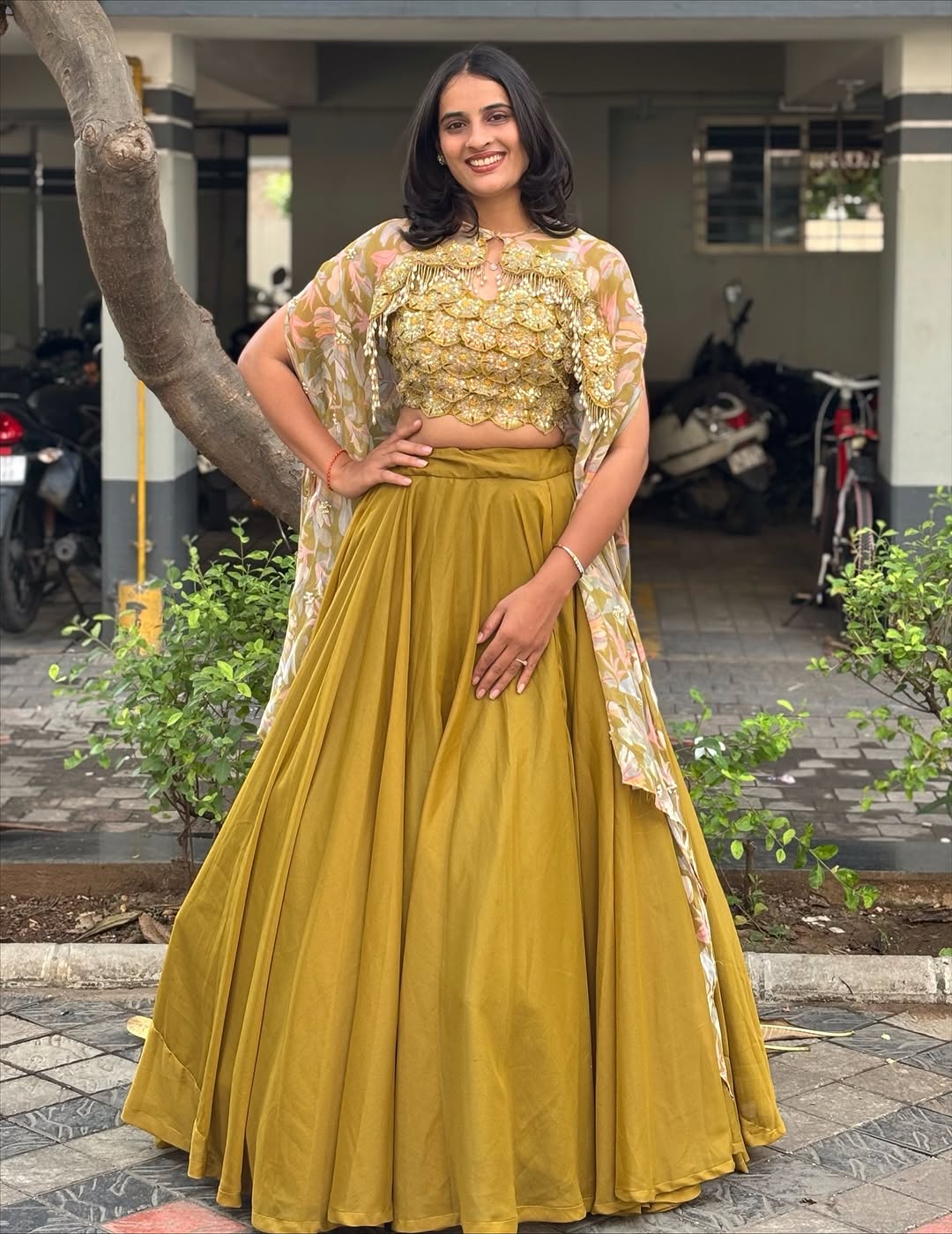 Mustard Yellow Floral Lehenga Set with Embroidered Blouse & Cape Dupatta